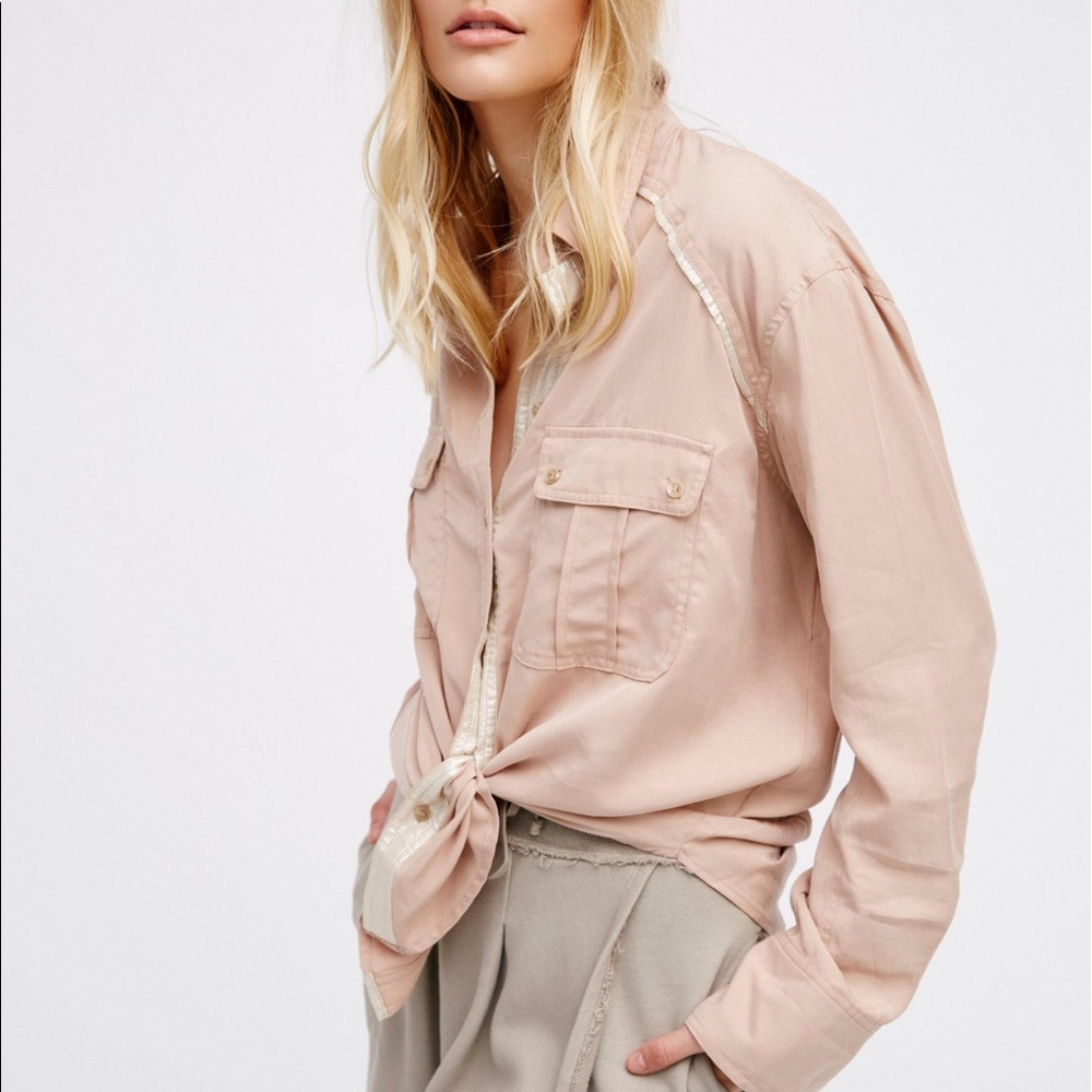 Free People blush metallic trim button down